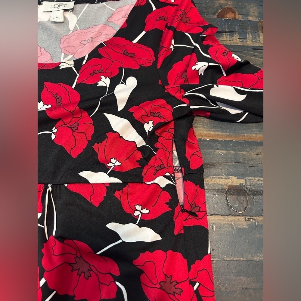 Ann Taylor Loft Black Red Floral Dress Medium Stretchy Elegant - Picture 4 of 8